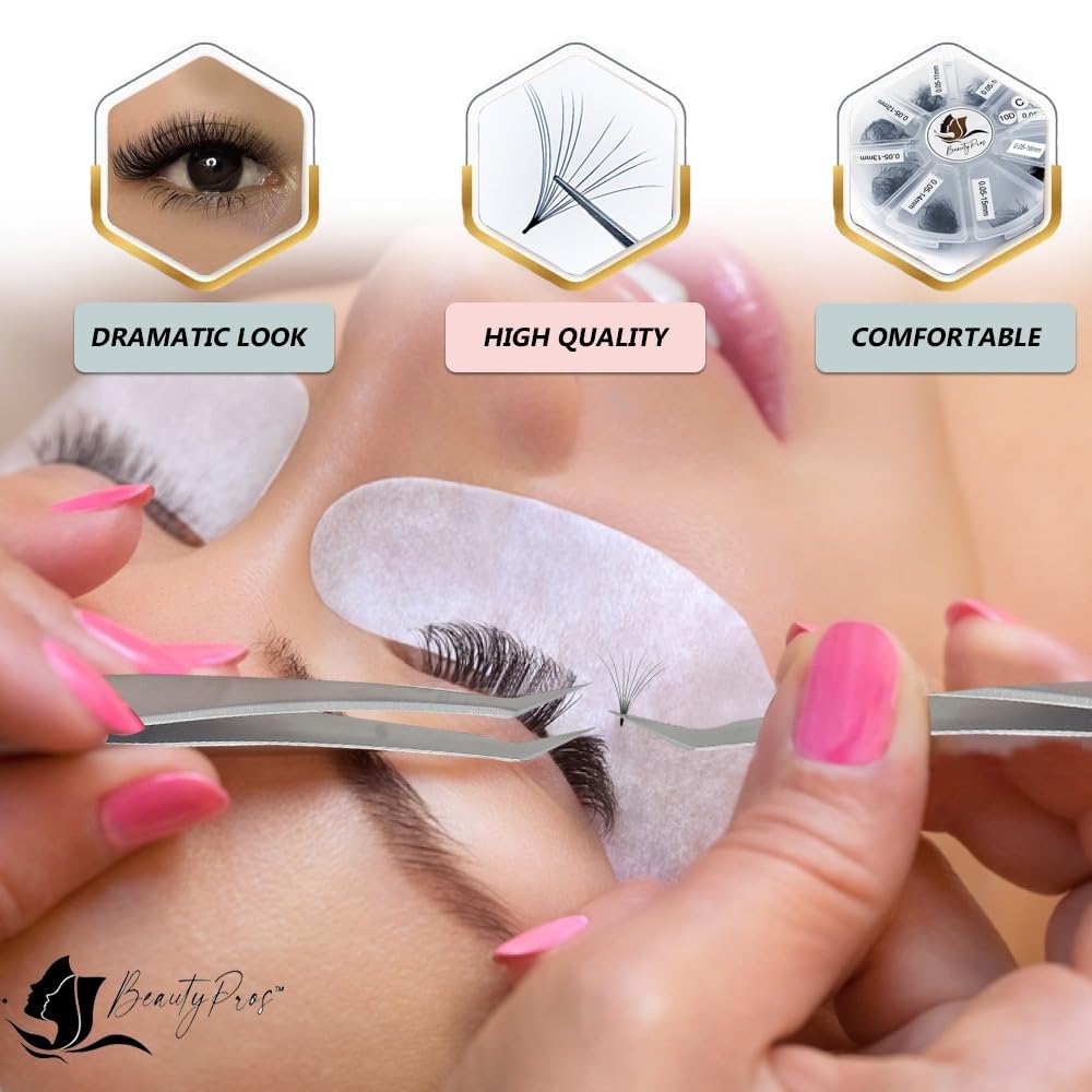 BeautyPros 5D Premade Volume Lash Extension Kit- 5D Mixed Tray 500 Premade Fans Eyelash Extensions - Premade Lash Fans Pointed Handmade Premade - Loose Fans Thin Base (5D-0.07 D-Curl 9-16mm White)