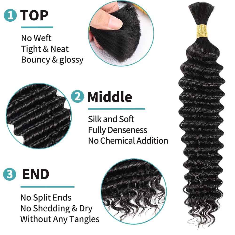 Human Braiding Hair Deep Wave Bulk Human Hair for Braiding 20Inch No Weft 90g 2 Bundles 100% Brazilian Virgin Human Hair Extensions Curly Boho Hair Wet and Wavy Human Hair Natural Black