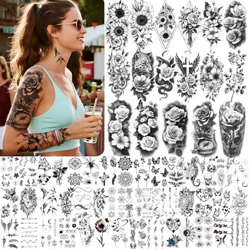 Flower Temporary Tattoos, 92 Sheets Waterproof Fake Tattoos for Women