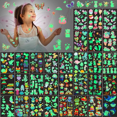 Sinmoe 30 Sheets 400 Pieces Glitter Temporary Tattoos for Kids Waterproof Butterfly Mermaid Unicorn Cartoon Stickers Glow Tattoo for Girls Birthday Party Favors Goodie Bags Fillers(Luminous Pattern)
