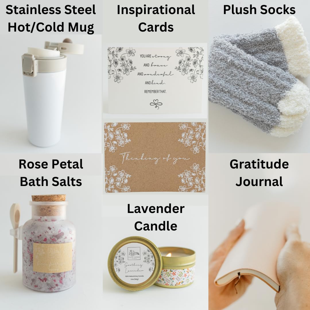 TULIP RIVER STUDIO Self Care Gifts for Women - Gratitude Journal, Coffee Mug, Candle, Socks, Bath Salt, and Inspirational Card