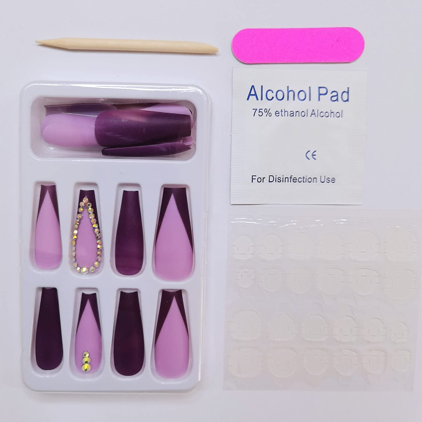 Long Press on Nails Square French Fake Nails Full Cover Purple Acrylic False Nails With Rhinestone Designs for Women and Girls, 24PCS