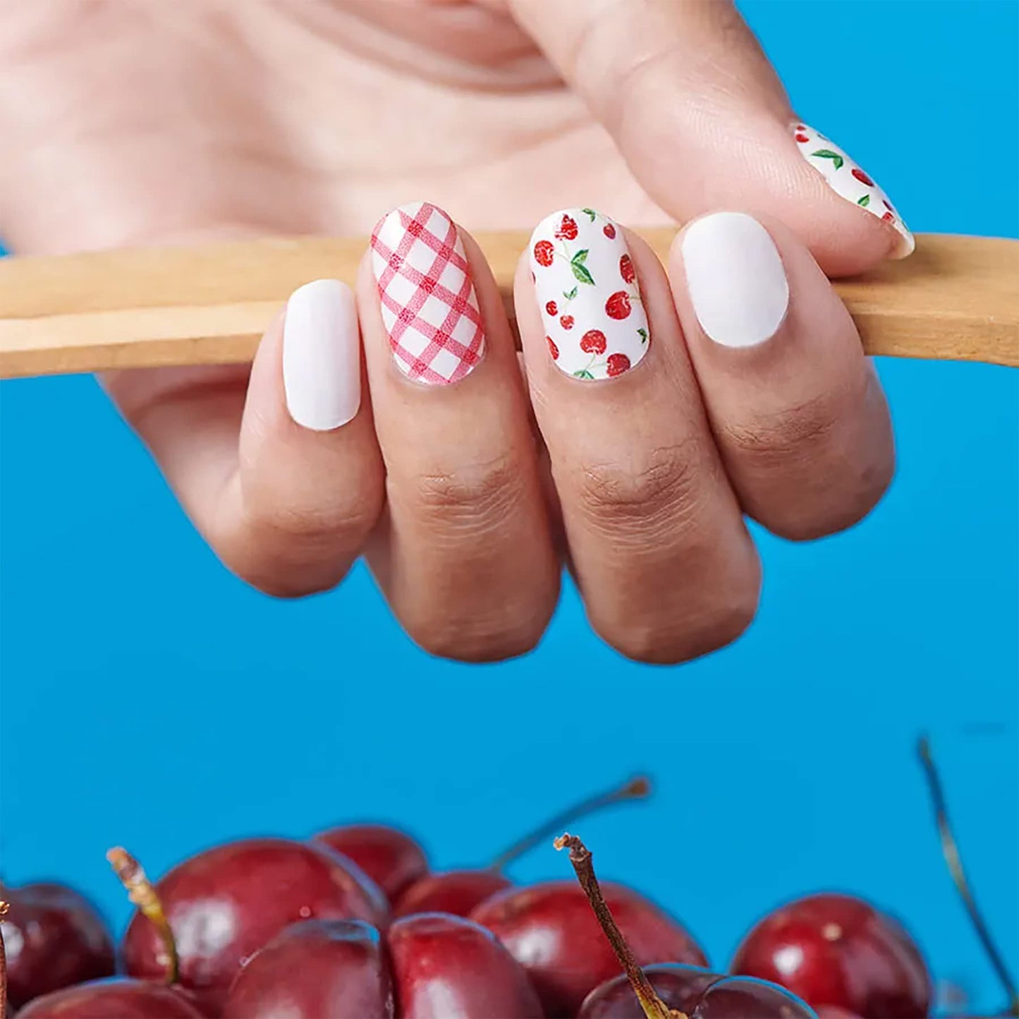 Cherry-Picked - Color Street Nail Strips (Fruit Punch 2021) Red Cherries & Gingham Pattern Design FDC287