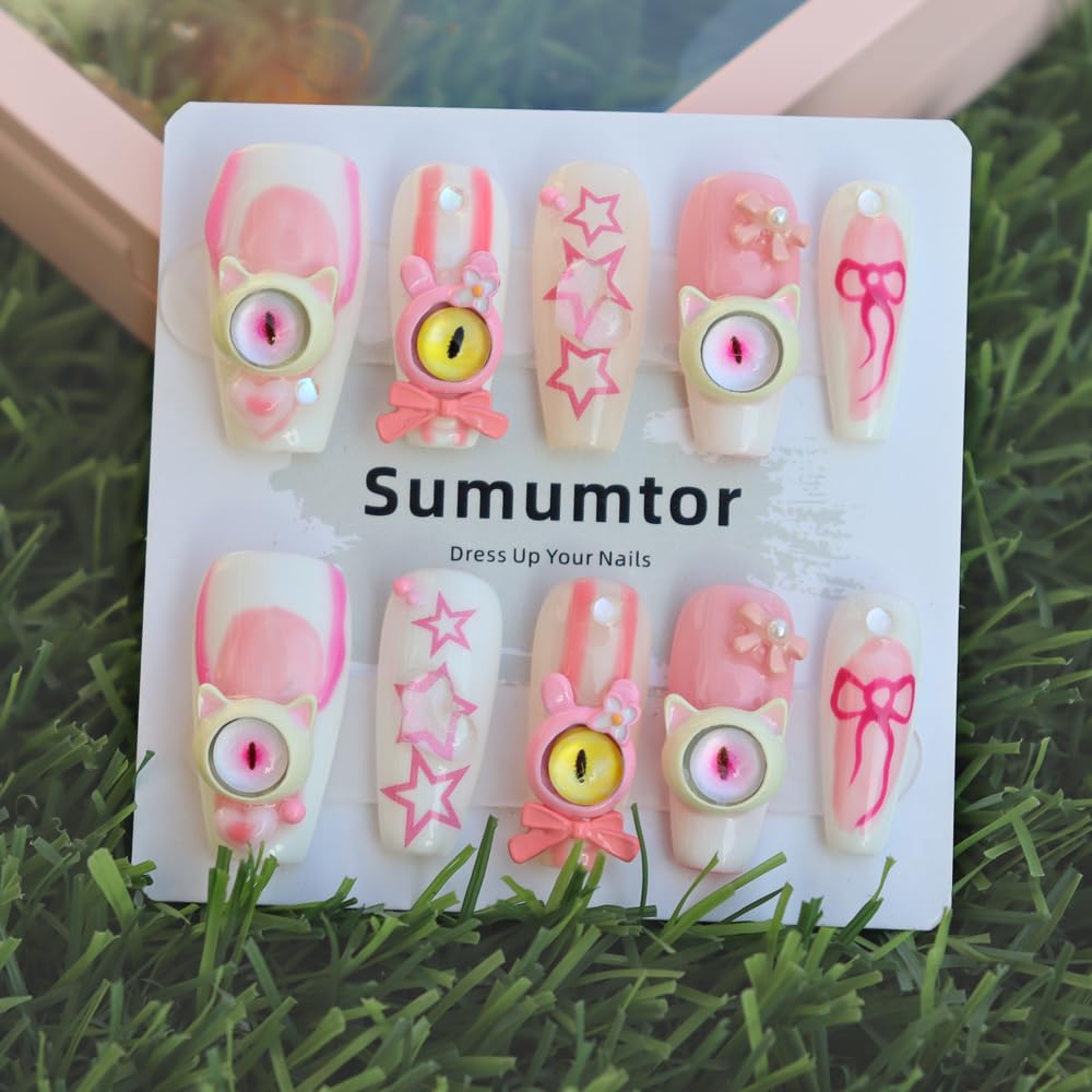 Sumumtor 3D Extra Long Square Pink French Cute Big Eyes Demon Tips Acrylic Press On Nails,Handmade Salon False Nails with Design Nail Art Gifts for Women and Girls,Reusable Stick On Nails 10Pcs,Size M