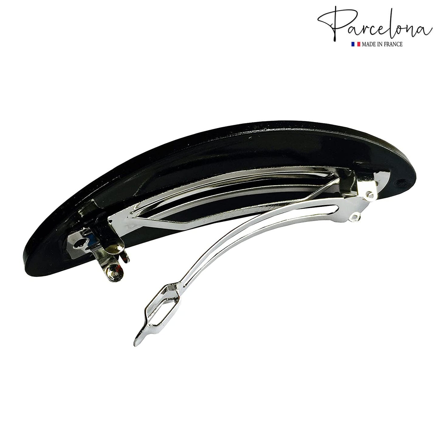 Parcelona French Oval Celluloid Glossy Black Automatic Hair Clip Barrette Hair Clip for Girls Strong Hold No Slip Durable Women Hair Accessories, Made in France - (Black)