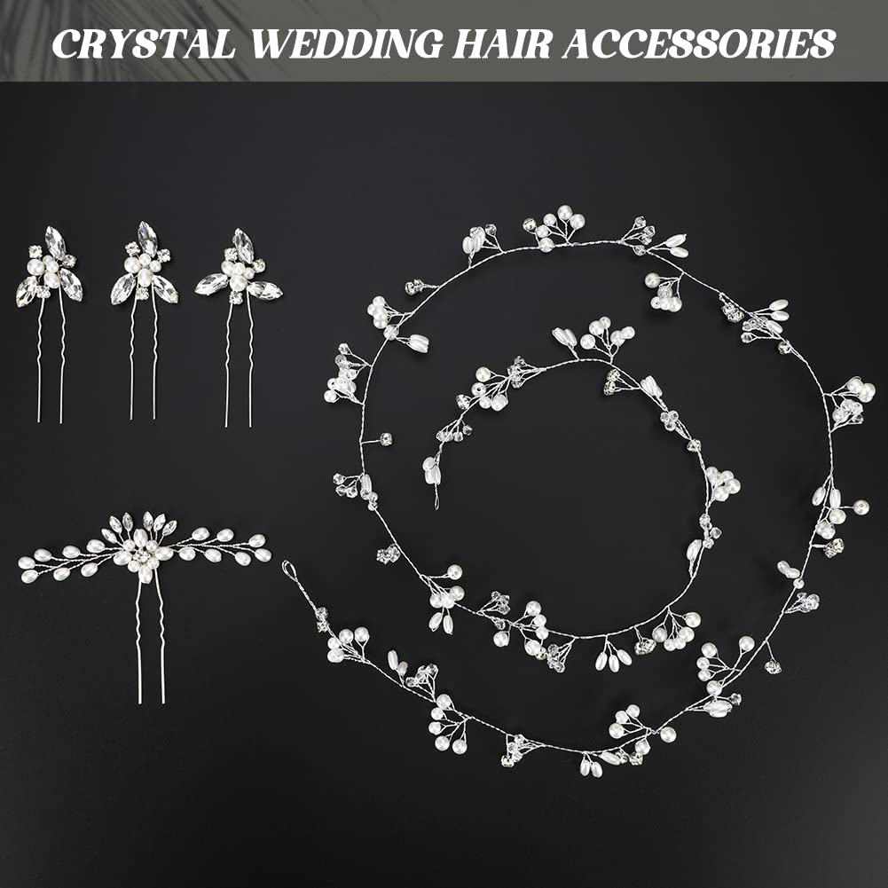 WIOR Wedding Hair Vine for Brides, 39.4 Inch Crystal Beads Bridal Hair Pieces with 4 Pearl Hair Pins, Handmade Rhinestones Headpieces Wedding Hair Accessories for Bride Bridesmaids Prom Party - Silver