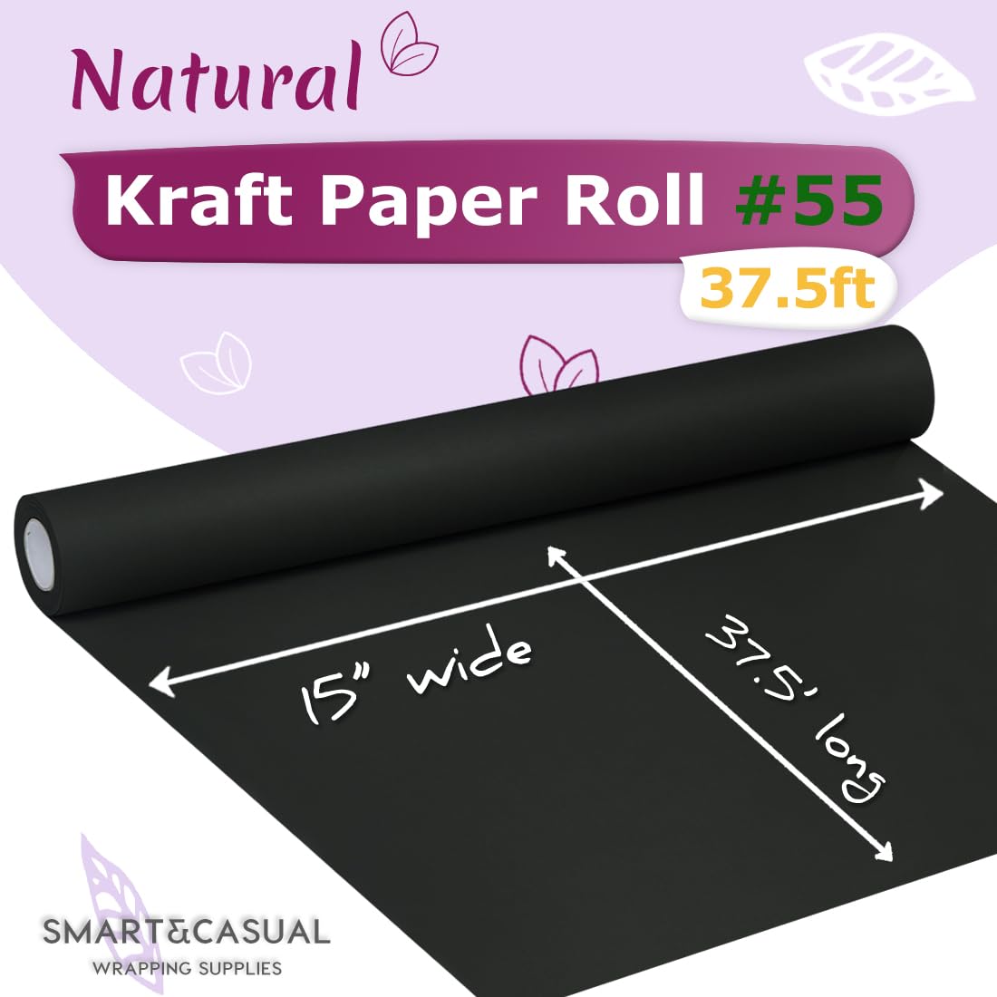 SMART&CASUAL 15" x 450" (37.5') Kraft Paper Roll for Art Craft Supplies Gift Wrapping Moving Packing Kids Painting Drawing Paint Easel Poster Chart Paper (Black, 15"W x 450"L (37.5'))