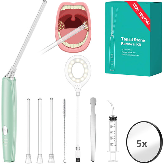 Tonsil Stone Remover Kit -Electronic Tonsil Stone Vacuum, 3X Safe Suction, 150 Degree Rotate Tonsil Stone Remover,12 in 1 Tonsil Cleaner, Oral Lamp, 5X Magnifying Mirror, Water Flosser & Syringe