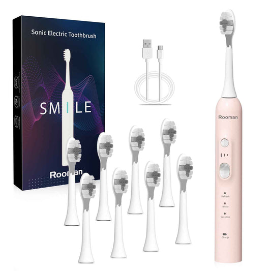 Rooman Electric Toothbrush for Adults with 8 Brush Heads, 40,000 VPM Sonic Toothbrush, IPX7 Waterproof, 4-Hour Charging, 90 Days of Continuous use, 3 Modes, Built-in Smart Timer (Pink)