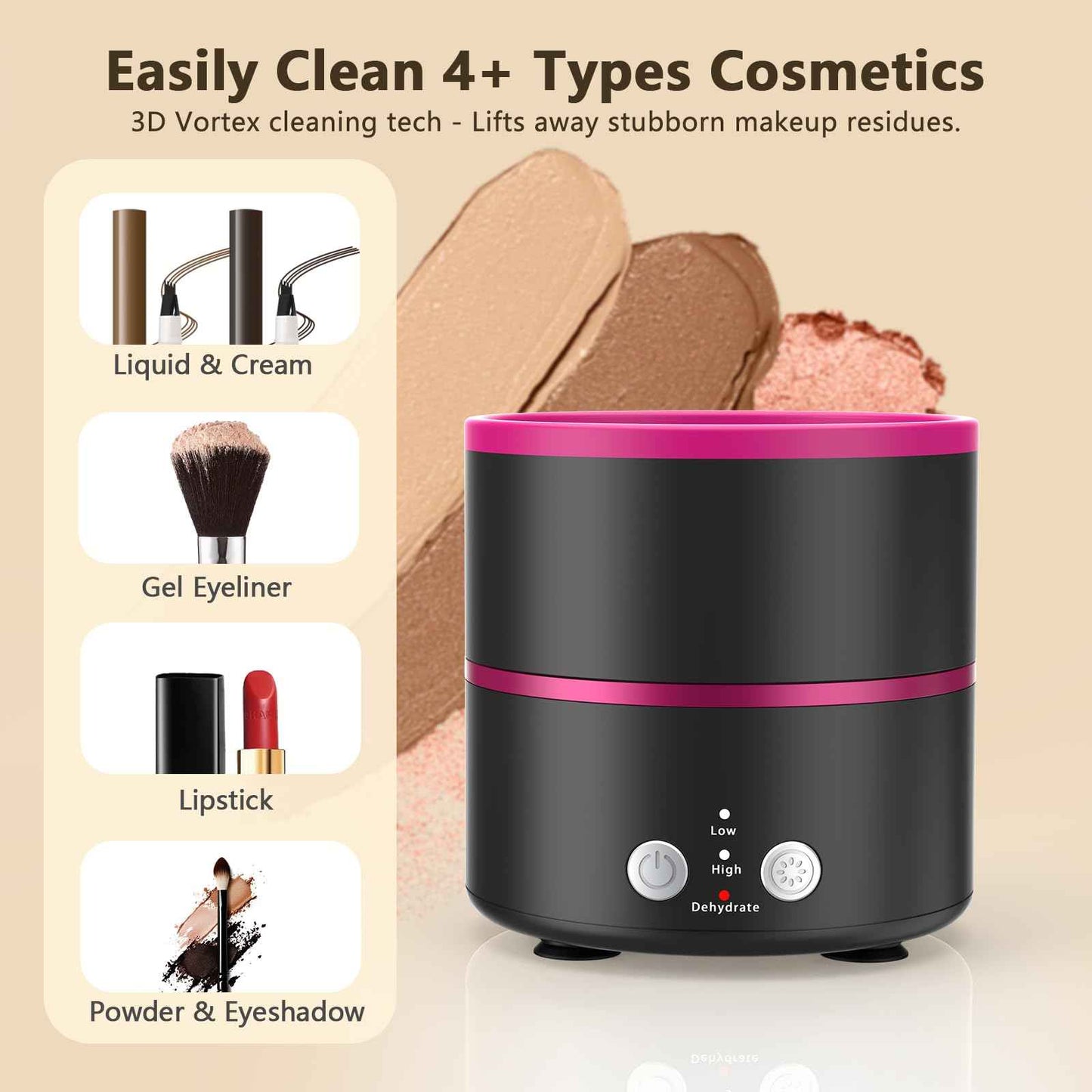 Cucufor Electric Makeup Brush Cleaner Machine, 2 Speeds and Dehydration Powerful Friction Removes Residue on Makeup Brushes Set/Sponge/Powder Puffs, Efficient Cleaning, Spinning Washer Black Pink