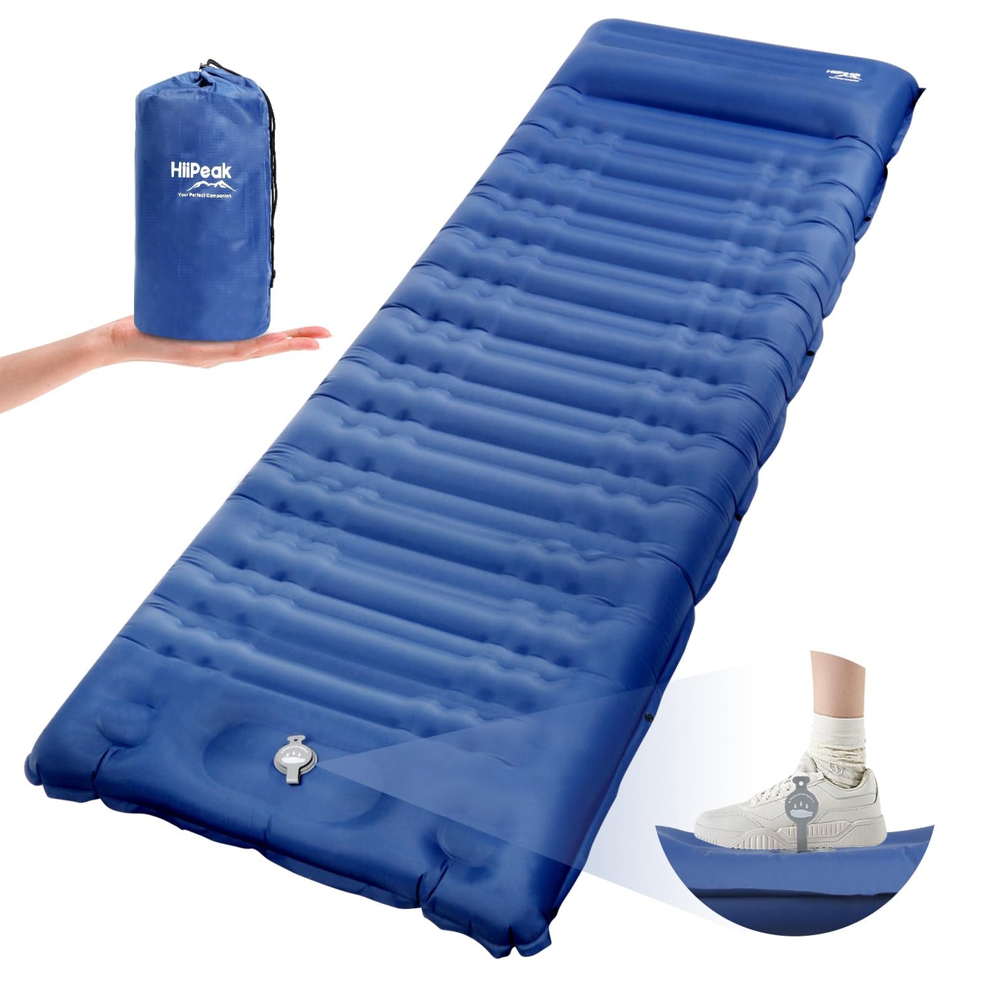 HiiPeak Sleeping Pad for Camping- Ultralight Inflatable Sleeping Mat with Built-in Foot Pump & Pillow, Upgraded Compact Camping Air Mattress for Camping, Backpacking, Hiking (Navy Blue)