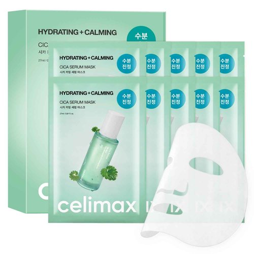 celimax The Real Cica Calming Serum Mask 10ea | with Centella Asiatica & Madecassoside, Korean Face Sheet Mask for Skincare, Hydrating, Wrinkle & Fine Lines, 27ml