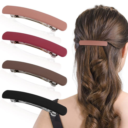 Ahoney 4Pcs Hair Barrettes for Women: 3.6" Flat Banana Clips, Pins for Thin Hair Styling Accessories, Gift Set (Black/Brown/Red/Pink)