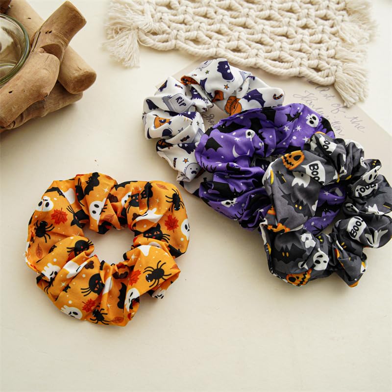 4 Packs Halloween Scrunchies Hair Ties Silk Satin Scrunchy for Hair Halloween Spooky Ghost Pumpkin Spider Bat Print Design Elastic Hair Bands Ponytail Holders Hair Scrunchy for Women Hair Accessories