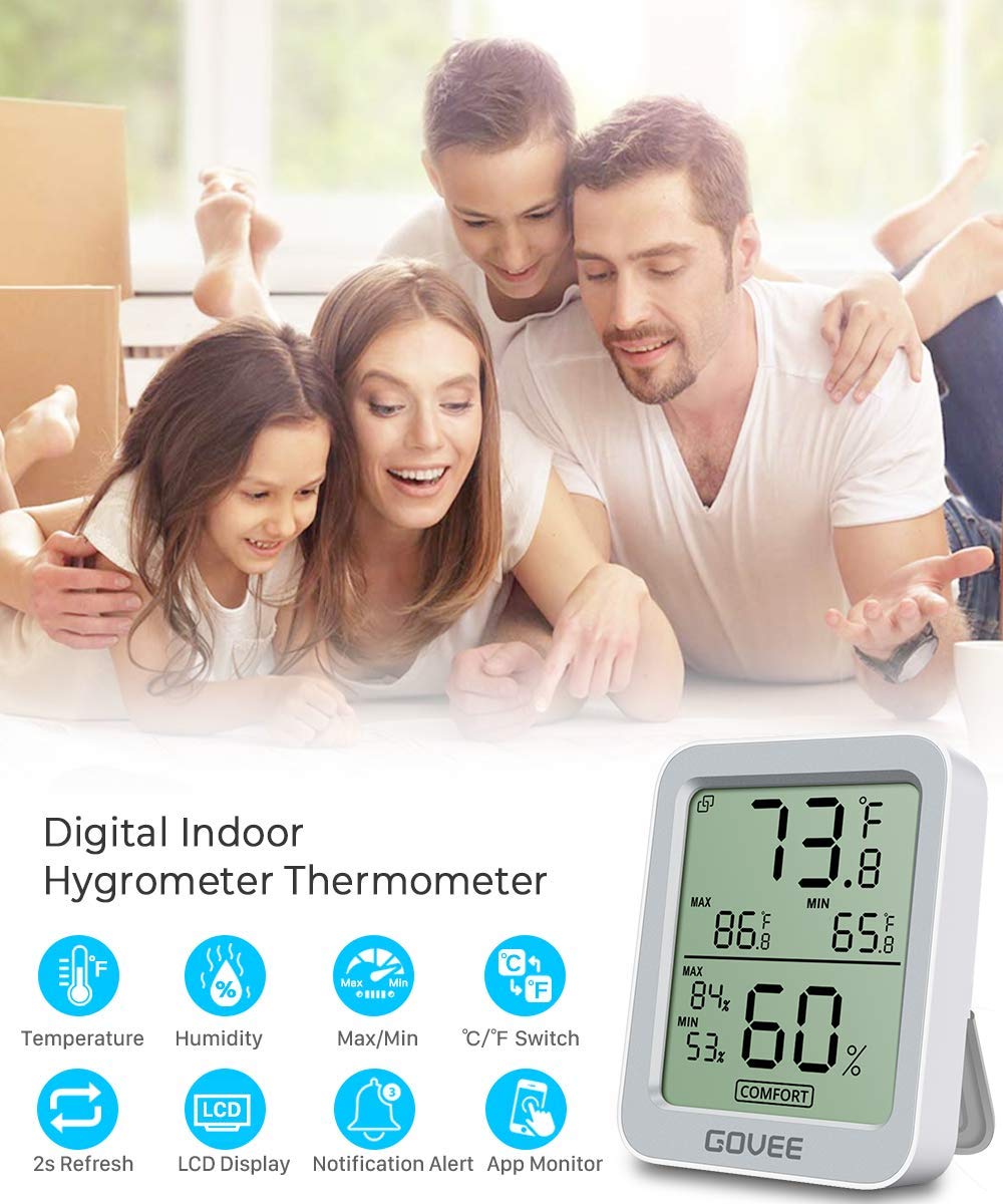 Govee Bluetooth Digital Hygrometer Indoor Thermometer, Room Humidity and Temperature Sensor Gauge with Remote App Monitoring, Large LCD Display, Notification Alerts, 2 Years Data Storage Export, Grey