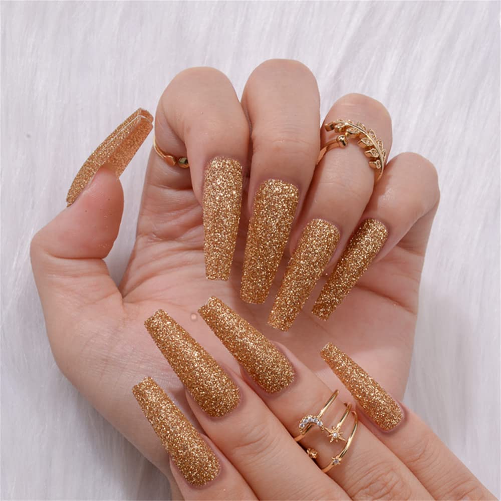 Sparkly Shiny Long Coffin Press On False Nails Medium Length Full Cover Acrylic Fake Nails Ballerina Nails for Women Lady Fashion Nails for Nail Salons and Home DIY Nail Art 24PCS (BKS942 Gold)