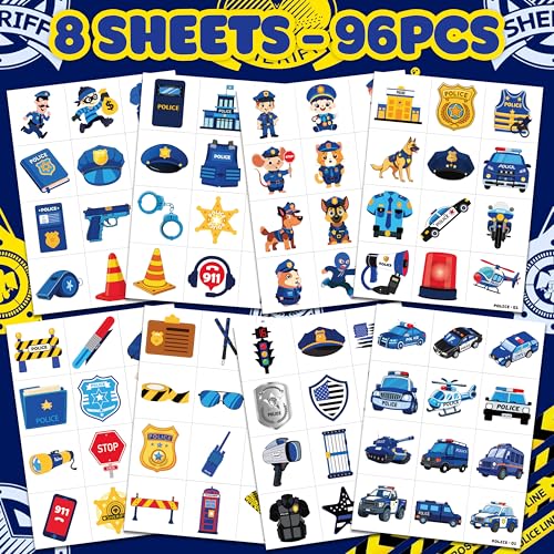 96 PCS Police Car Police Officer Policeman Pre-Cut Temporary Tattoos for Kids | Super Cute Theme Birthday Party Favors, Supplies, Decorations, Fake Tattoo Stickers (Multiple)