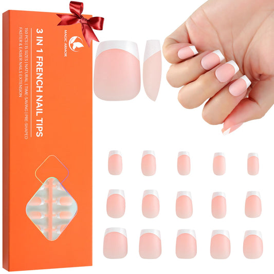 MAGIC ARMOR French Gel Nail Tips - 150pcs Pink French Tip Press on Nails Long Square Pre-applied Tip Primer & Base Coat, No Need to File Gel 3-IN-1 False Nail Tips for Nail Art DIY 15 Sizes