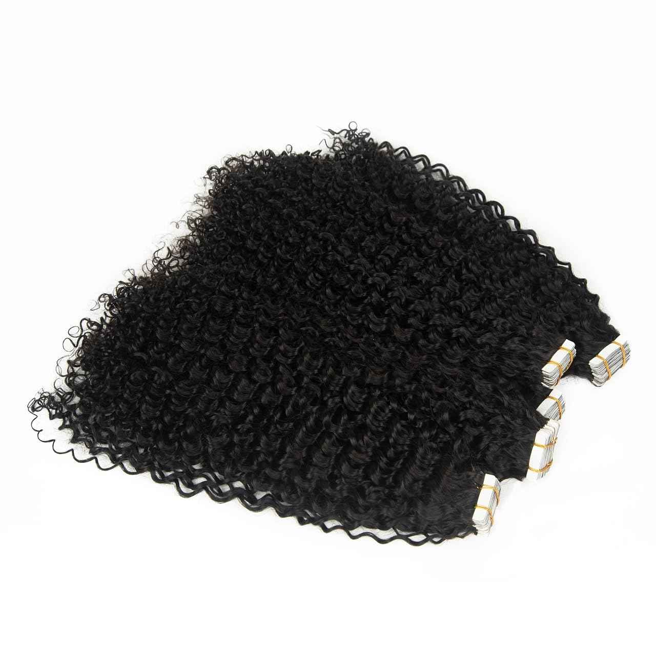 Afro Curly Tape in Hair Extensions Human Hair 18 Inch Seamless Skin Weft PU Tape Ins Remy Hair Tape ins Deep Curly Wave Tapes in Extensions for Short Hair 20pcs/Pack 50G 3-4 Packs for Full Head
