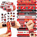 48 PCS 2025 Graduation 24PCS Temporary Tattoos Stickers 24PCS Slap Bracelets Wristbands Perfect for Themed Class Party Supplies Grad & So Proud of You High School College (Red)