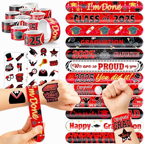 48 PCS 2025 Graduation 24PCS Temporary Tattoos Stickers 24PCS Slap Bracelets Wristbands Perfect for Themed Class Party Supplies Grad & So Proud of You High School College (Red)