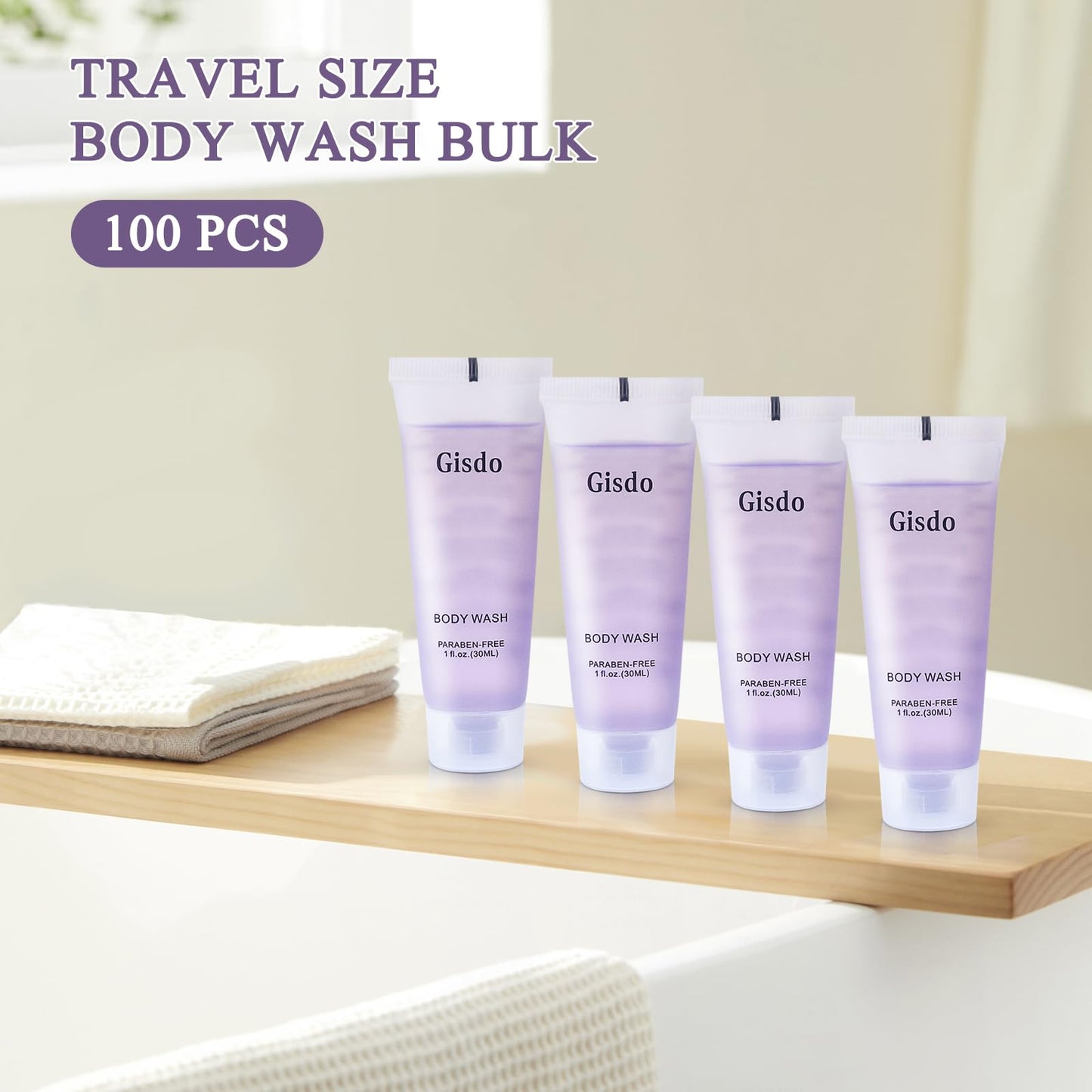 Gisdo Travel Size Body Wash Bulk (1 fl oz, 100 Pack), Refreshing Hotel Body Wash, Mini and Small Size Guest Hotel Toiletries in Bulk