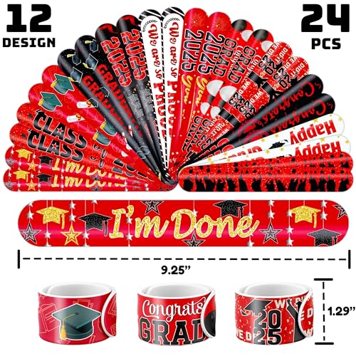 48 PCS 2025 Graduation 24PCS Temporary Tattoos Stickers 24PCS Slap Bracelets Wristbands Perfect for Themed Class Party Supplies Grad & So Proud of You High School College (Red)