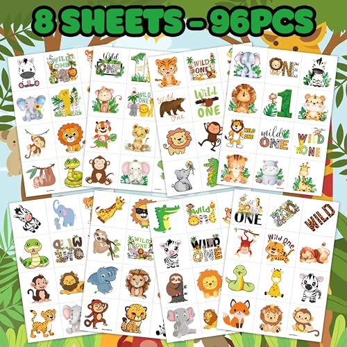 96-Piece Wild One Jungle Animal Temporary Tattoos for Birthday Party