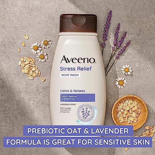 Aveeno Stress Relief Body Wash with Soothing Oat & Lavender Scent for Sensitive Skin, Moisturizing Shower Wash Gently Cleanses & Helps You Feel Calm, Sulfate-Free, Twin Pack, 2 x 18 fl. oz