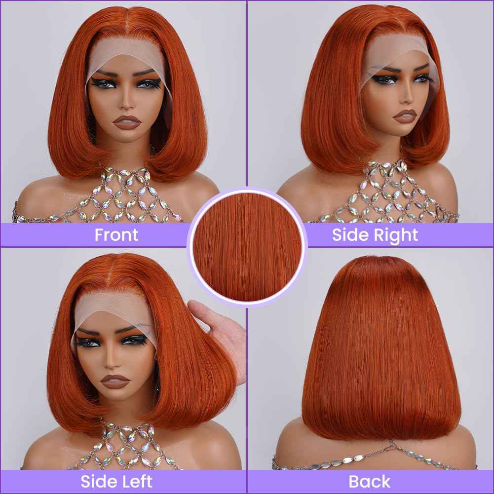 UTIDE #350 Ginger Bob Lace Front Wig Human Hair 13x4 HD Transparent Lace Frontal Wigs Pre Plucked Short Straight Bob Wig for Black Women with Baby Hair 180% Density Brazilian Orange Ginger Wig 8 Inch