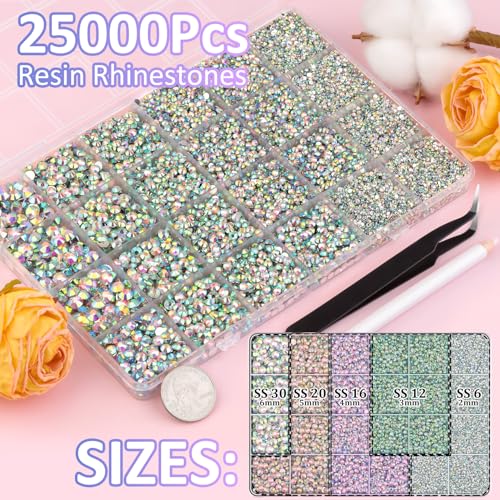 25000 Pcs AB Resin Rhinestones with Tweezers for Crafting