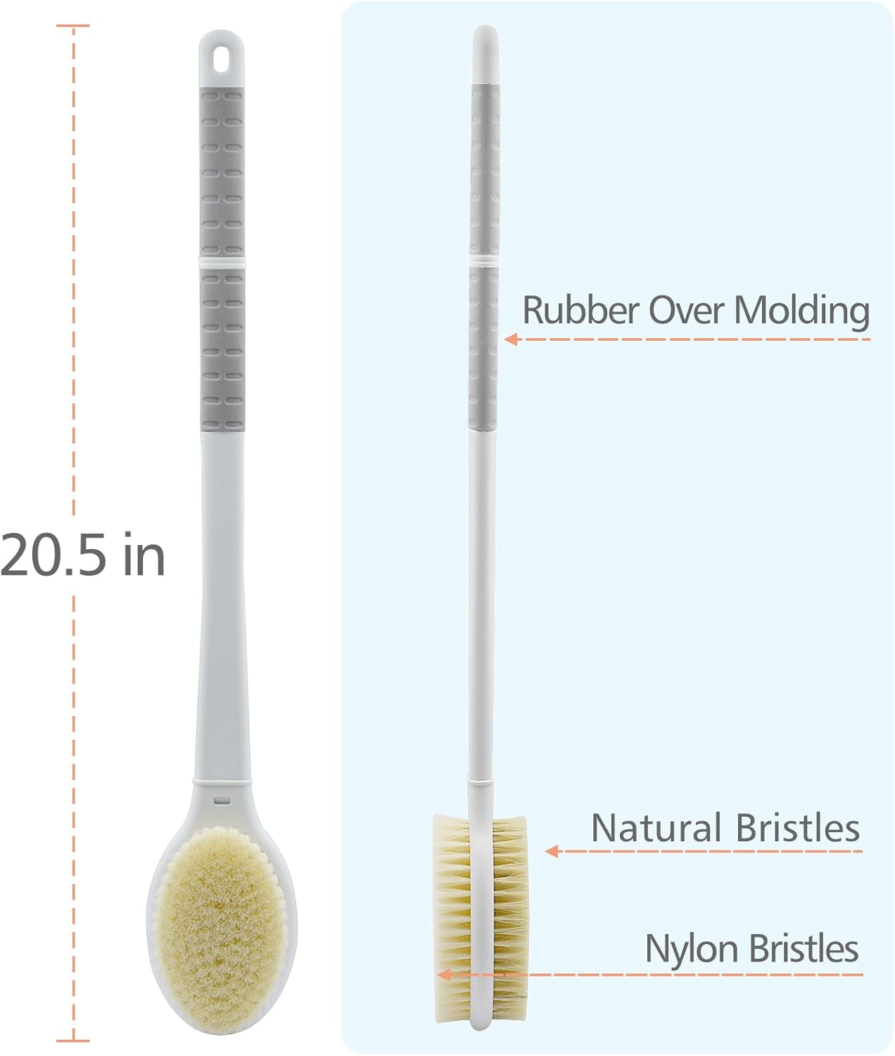 Shower Brush with Soft and Stiff Bristles,20.5" Extra Long Handle Dual-Sided Back Scrubber Bath Brush Body Exfoliator for Wet or Dry Brushing (Extra Long Handle)