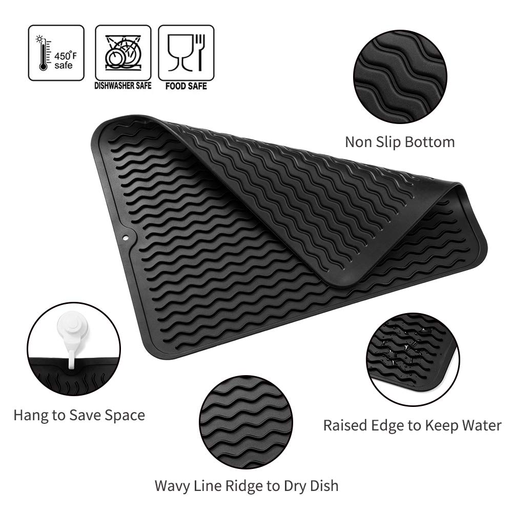 MicoYang Silicone Dish Drying Mat for Multiple Usage,Easy clean,Eco-friendly,Heat-resistant Silicone Mat for Kitchen Counter or Sink,Refrigerator or drawer liner Black L 16 inches x 12 inches