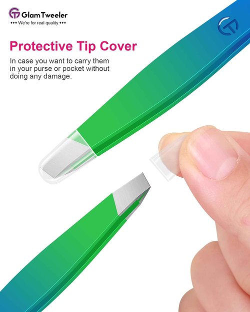 Exclusive G-01 Slant Tip Tweezers, GlamTweeler High Precison Expert Eyebrow and Facial Hair Removal Tweezer with Leather Storage & Carrying Case (Princess Blue & Green)