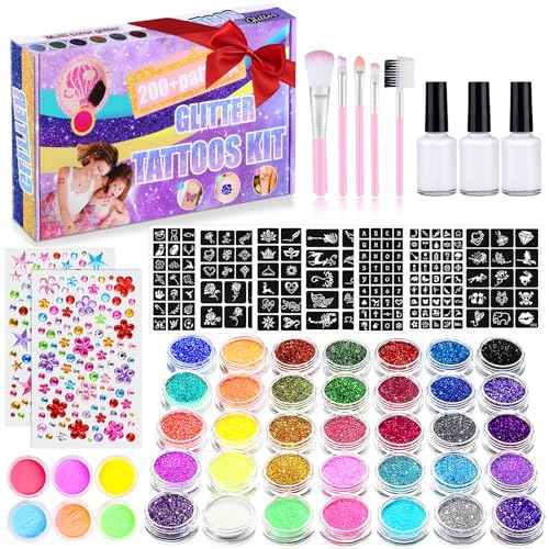 492 Temporary Glitter Tattoo Kit for Kids - 41 Colors & 215 Rhinestones - 204 Stencils - 24 Colors Glitter Powder - 3 Glue - 5 Brushes - Waterproof Tattoos for Parties & Make Up
