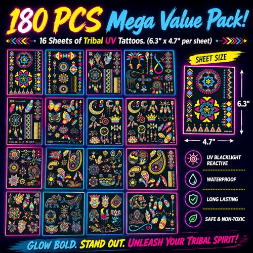 180 PCS UV Glow in the Dark Temporary Tattoos for Rave