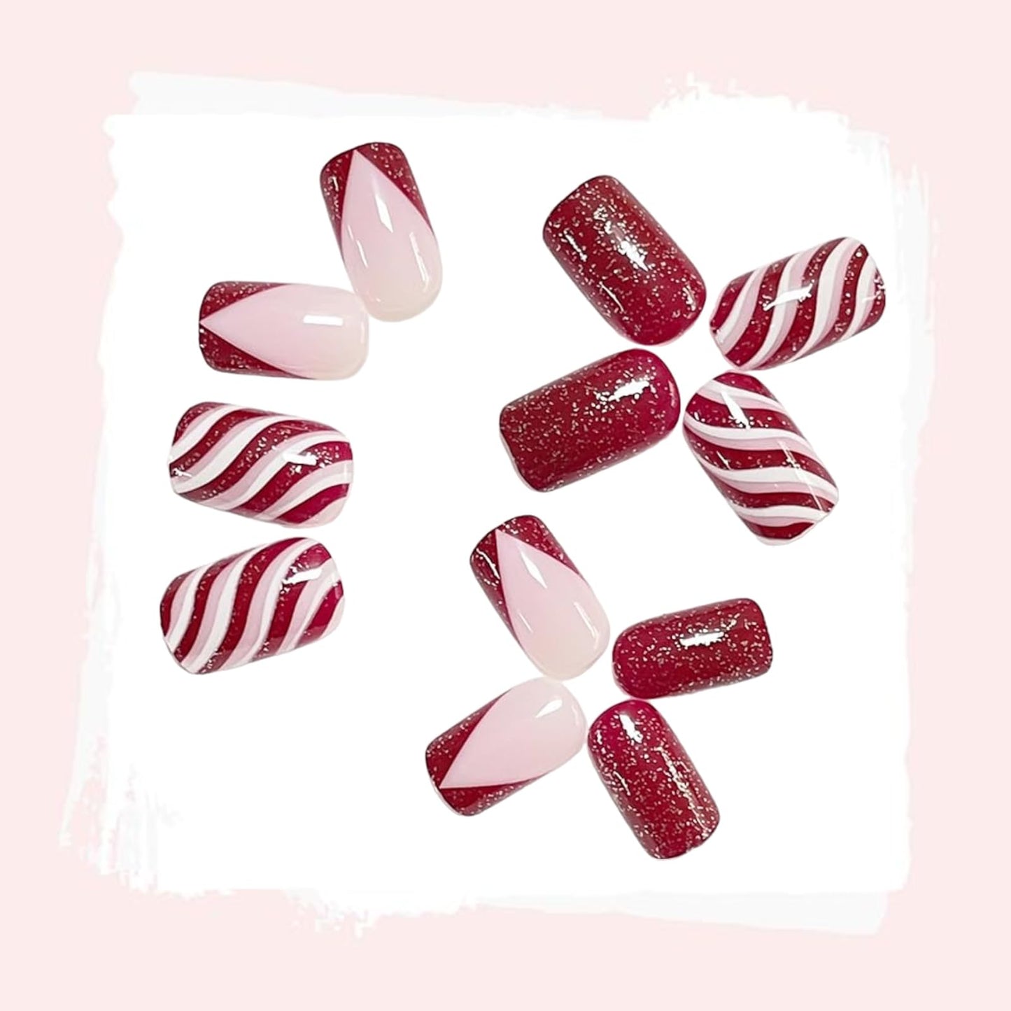 Christmas Press on Nails Short Square Medium Fake Nails Red and White Curve Checkered Glitter Design French Tip False Nails Full Cover on Artificial Nails Glossy Glue on Nails Stick on Nails for Women