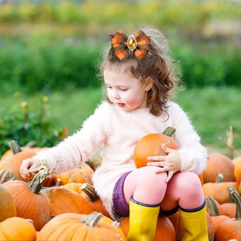 Happy Fall Hair Bows for Girls, Glitter Autumn Checkerd Bow Hair Clips, Thanksgiving Buffalo Plaid Ribbon Bow Barrettes for Teens Toddler Kids Women