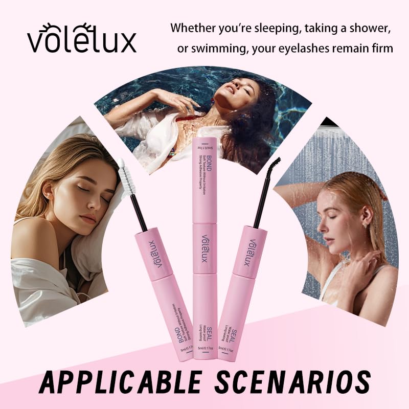 Volelux Pink Lash Cluster Glue & Sealant 2-in-1 Waterproof Lash Adhesive, Sensitive Eyes, Fast-Drying