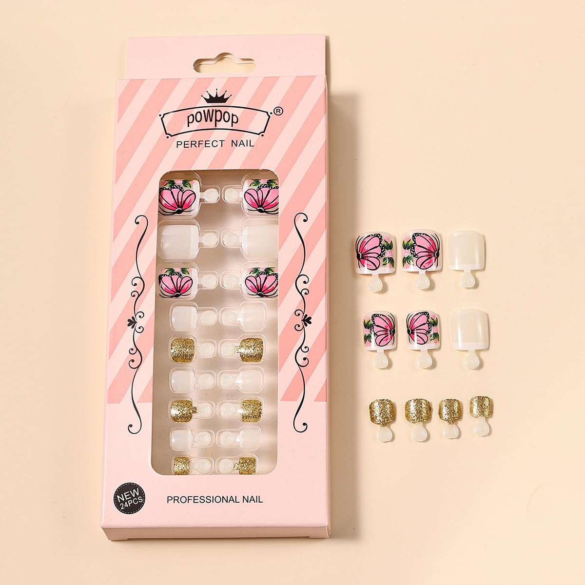 Press on Toenails White French Tip Fake Toe Nails Toe Nail Press ons Flower Butterfly Pattern Glitter Design Acrylic Toenails Full Cover False Glue on Toenails for Summer Manicure Nail Art Decor 24PCS