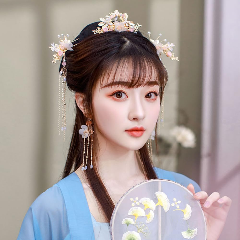 5 Pcs Flower Chinese Tassel Hair Stick Crystal Pearl Hanfu Hair Pins Classical Floral Bride Wedding Accessories for Women