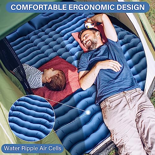 Double Sleeping Pad for Camping - Self Inflating 4" Extra-Thick for 2 Person with Pillow Built-in Foot Pump Inflatable Sleeping Mat for Backpacking, Hiking, Traveling, Tent