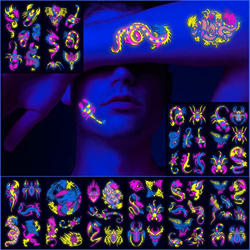 Neon Temporary Tattoos - 61 Glitter Styles, UV Glow, Waterproof