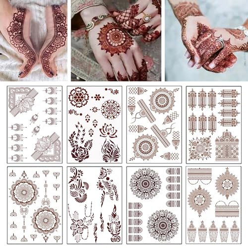 8 Sheets Red Brown Lace Temporary Tattoos - Waterproof