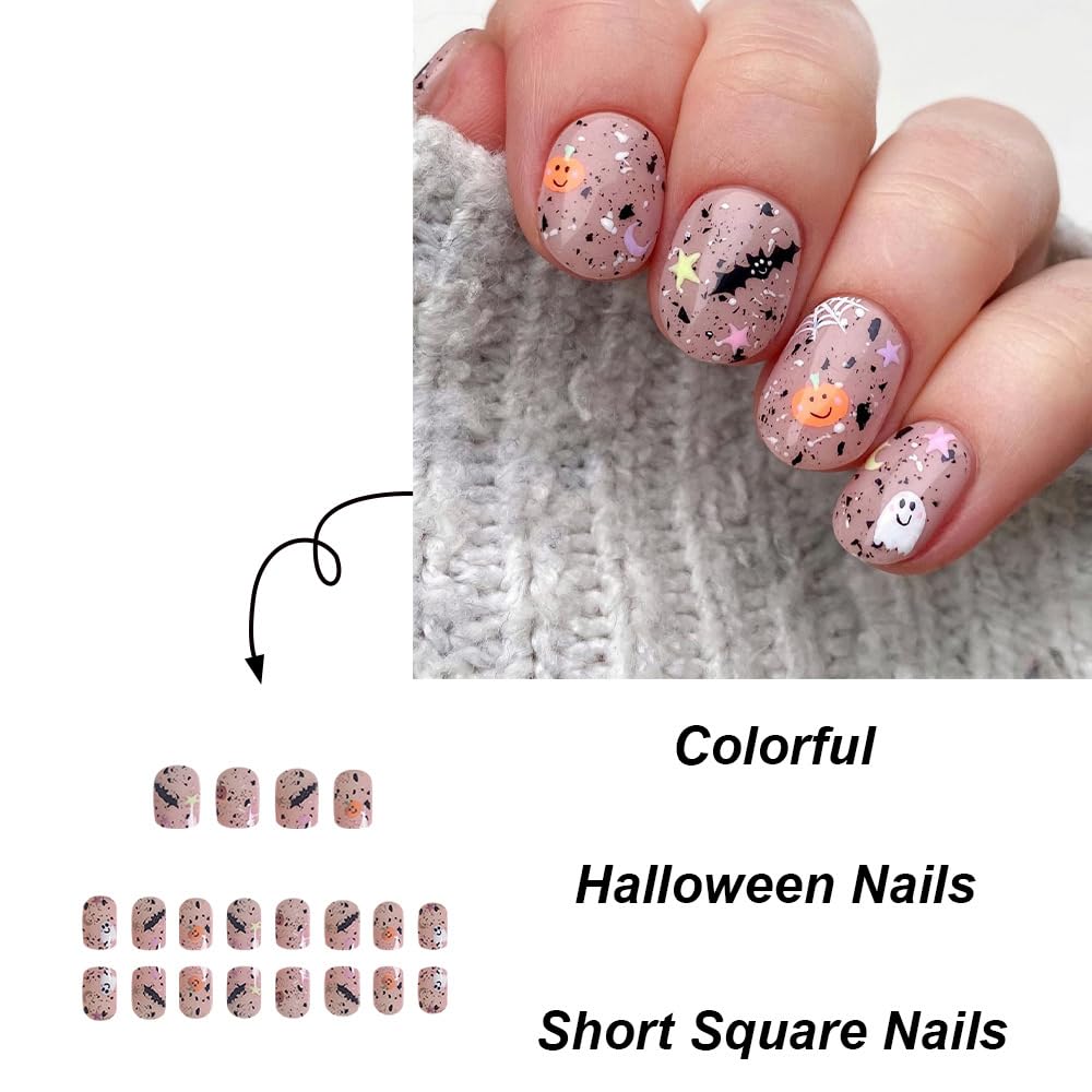 24Pcs Halloween Press on Nails Short Square Fake Nails Full Cover Acrylic Nails Pumpkin Press on Nails with Star Moon Design Cute Ghost Halloween False Nails Bat Spider Web Stick on Nails for Women