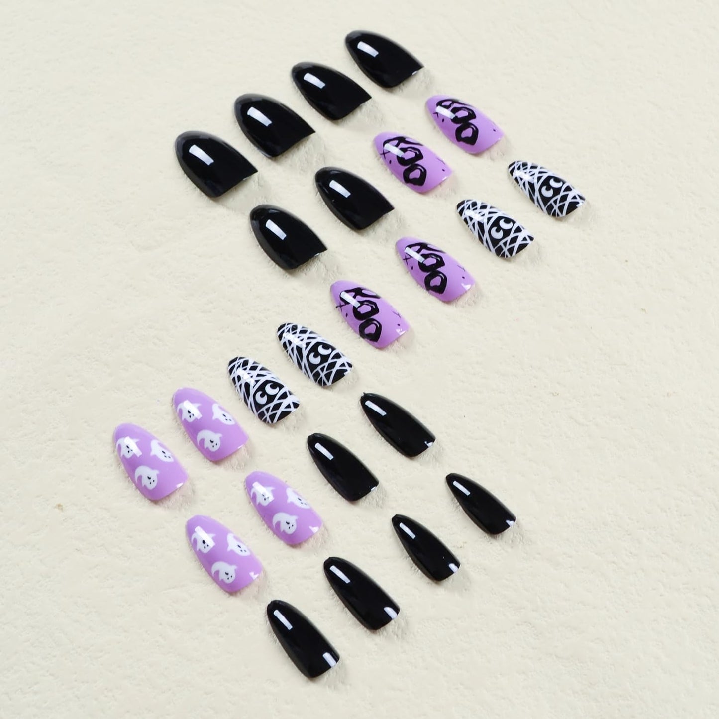 24Pcs Black Almonds Press on Nails Halloween Medium Ghost Fake Nails Glossy Glue on Nails White Bandage Artificial Nails Cartoon Fake Nails Acrylic Nails Halloween Nails False Nails for Women & Girls