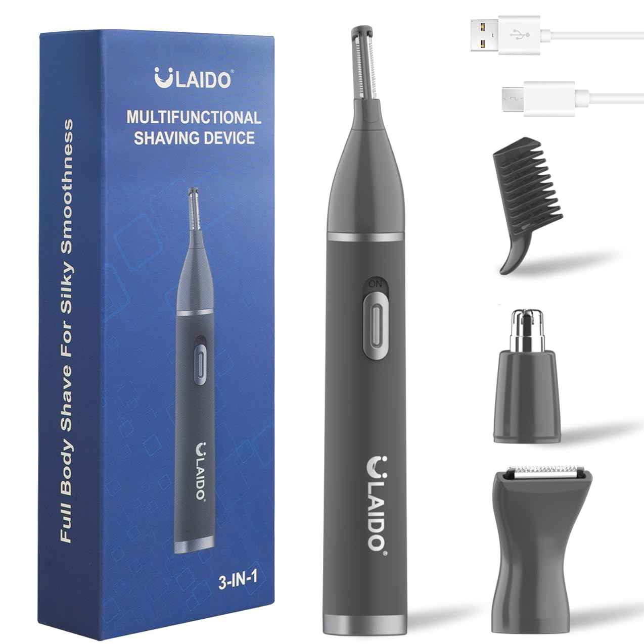 ULAIDO Nose and Ear Hair Trimmer for Men, Rechargeable 3 in 1 Hair Trimmers for Nose Ear Eyebrow & Body Detail Hair Removal, No Pull No Snag Men's Grooming with High Speed, 3 Heads