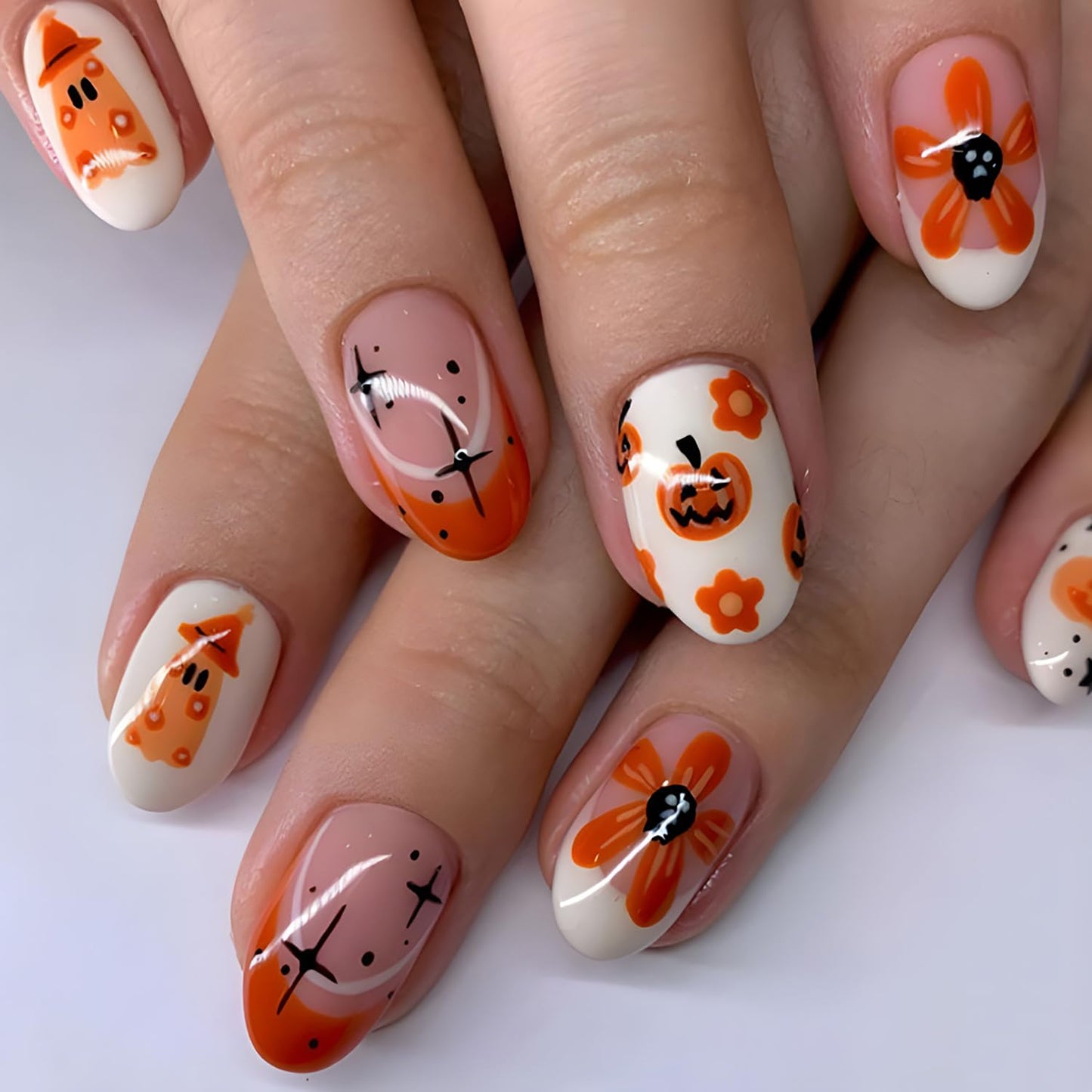 Halloween French Tip Press on Nails Ghost Pumpkin Almond Fake Nails Full Cover Acrylic Nails Cute False Nails Star Flower Designs White Stick on Nails Glossy Artificial Nails for Women DIY Manicure