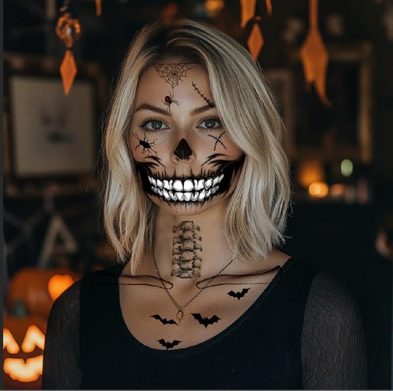 8-Piece Skeleton Halloween Face Tattoos - Waterproof Makeup Stickers