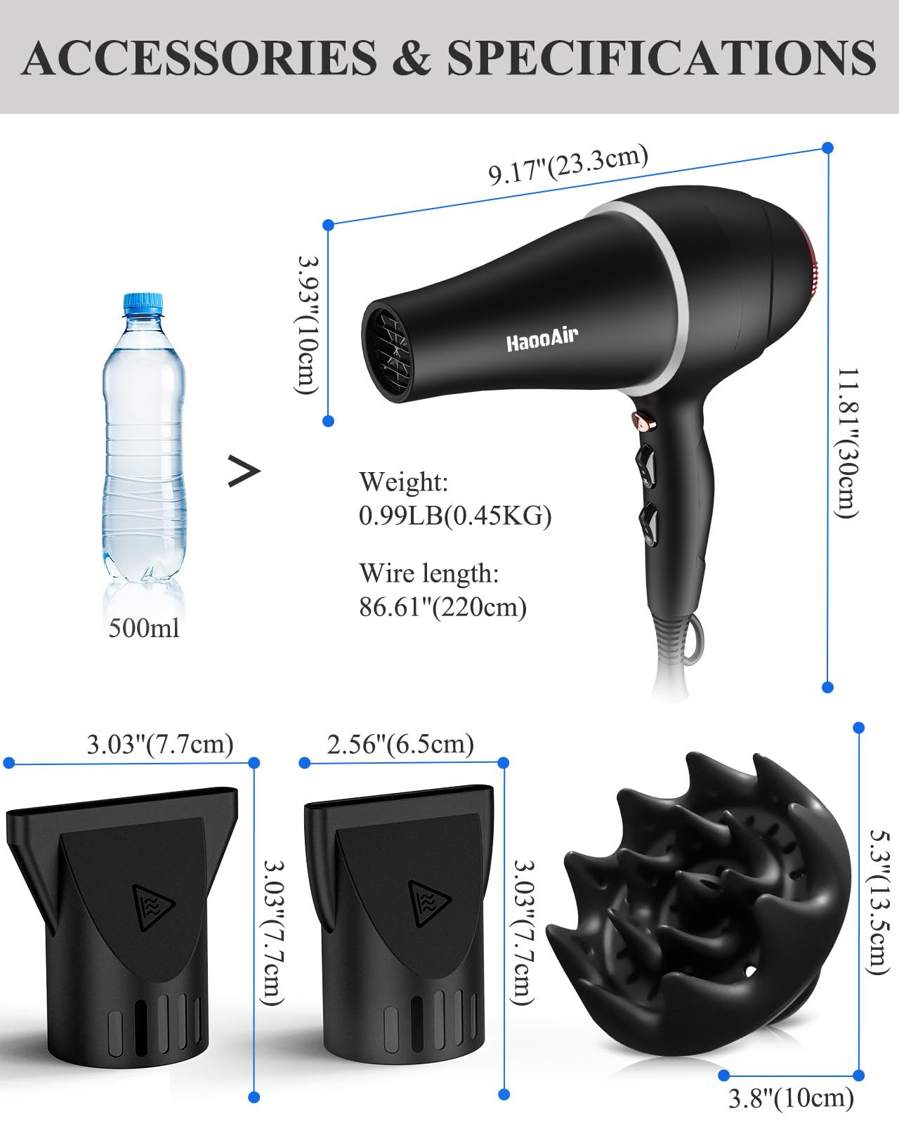 Hair Dryer with Diffuser, Professional Ionic Hair Dryer with Blue Light AC Motor, 2000W Fast Drying Hair Blow Dryer Low Noise Care Hairdryer for Women (Black with 2*Nozzle+Diffuser)